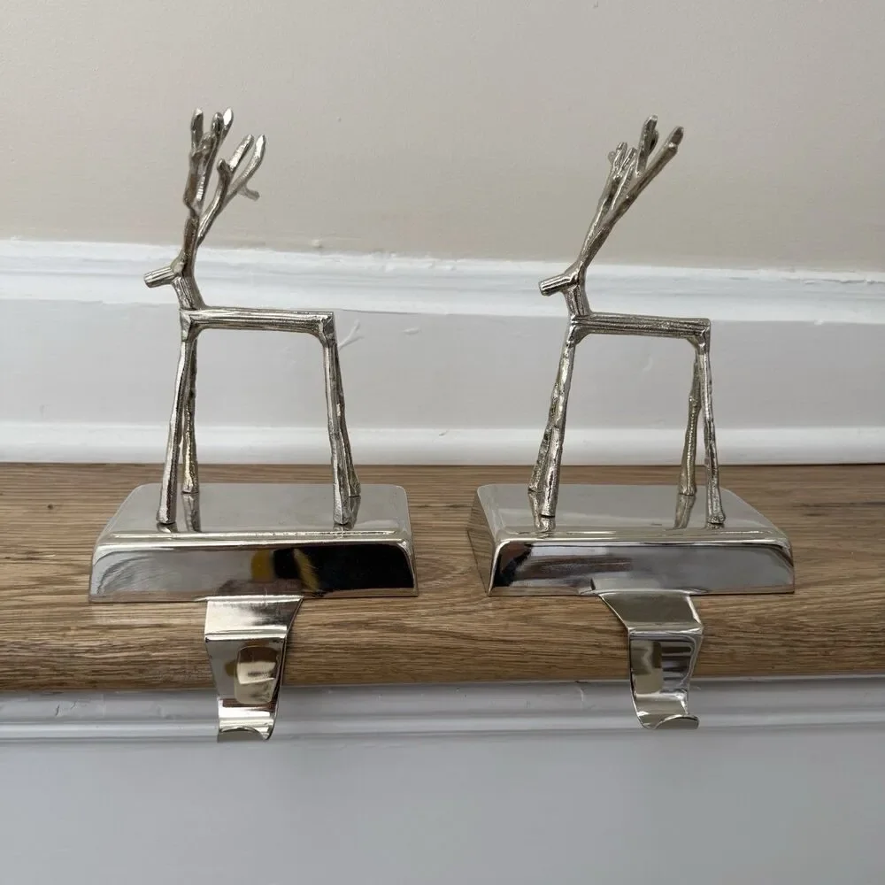 Pottery Barn Set of 2 Silver Tone Twig Reindeer Stocking Holders Weighted
